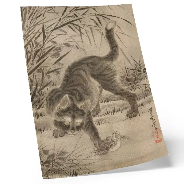 Cat Catching a Frog by Kawanabe Kyosai premium wall art