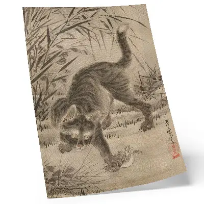Cat Catching a Frog by Kawanabe Kyosai premium wall art