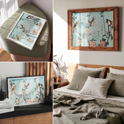 Photo canvas featuring Japanese Birds and Flowers 1833 vintage woodblock prints by Utagawa Hiroshige