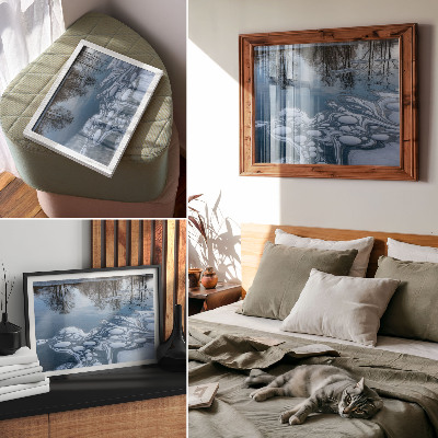 Decorative canvas print Ice on the lake, reflections of trees, blue tones