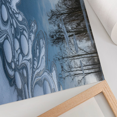 Decorative canvas print Ice on the lake, reflections of trees, blue tones