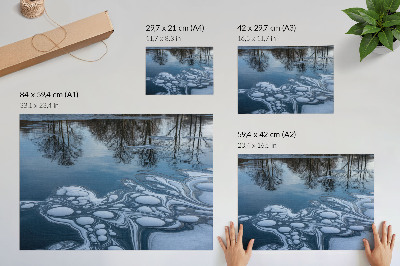 Decorative canvas print Ice on the lake, reflections of trees, blue tones
