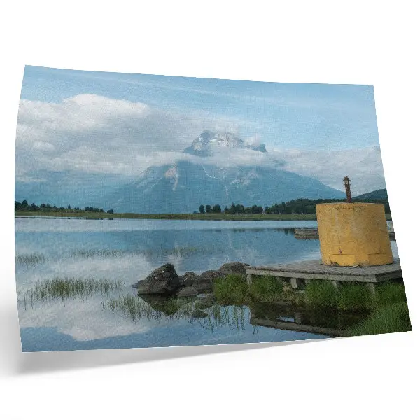 Photo canvas mountains, lake, clouds, and bridge