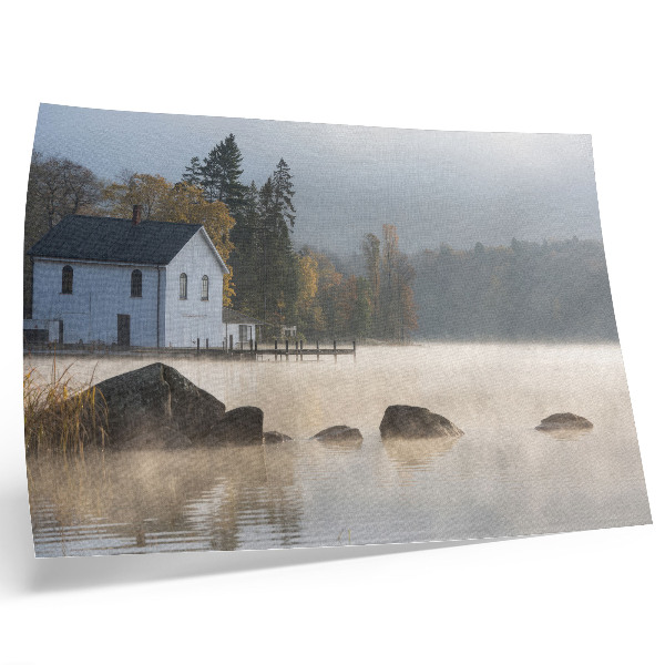 Poster Foggy landscape lake cottage trees autumn