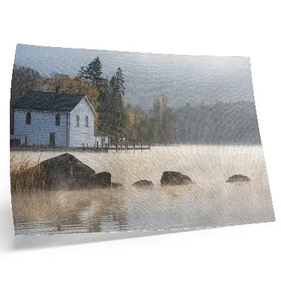 Foggy landscape lake cottage trees autumn poster 