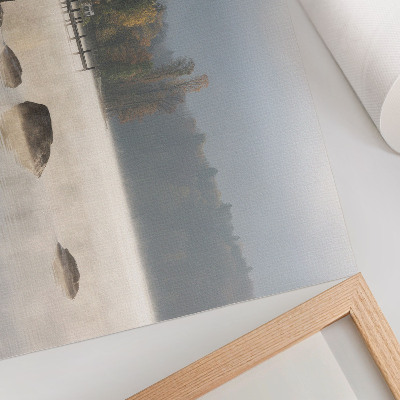 Poster Foggy landscape lake cottage trees autumn