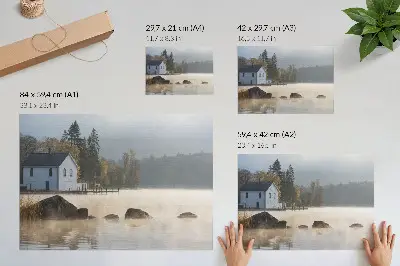 Foggy landscape lake cottage trees autumn poster 