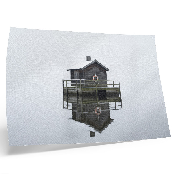 Poster Wooden cottage by the water, symmetry, minimalism