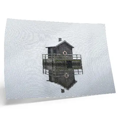 Poster wooden cottage by the water in a minimalist symmetrical style