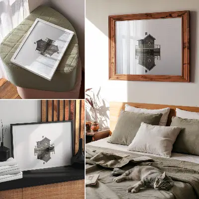 Poster wooden cottage by the water in a minimalist symmetrical style