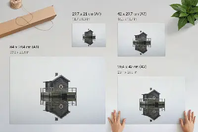 Poster wooden cottage by the water in a minimalist symmetrical style