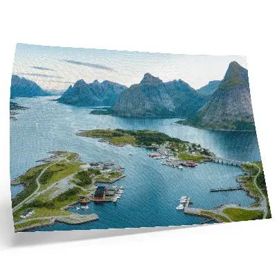 Poster fjords, mountains, and town scene with a peaceful, harmonious atmosphere