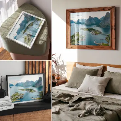 Poster fjords, mountains, and town scene with a peaceful, harmonious atmosphere