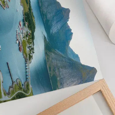 Poster fjords, mountains, and town scene with a peaceful, harmonious atmosphere