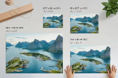 Poster fjords, mountains, and town scene with a peaceful, harmonious atmosphere