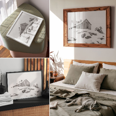 Decorative canvas print A minimalist winter house against the backdrop of snow