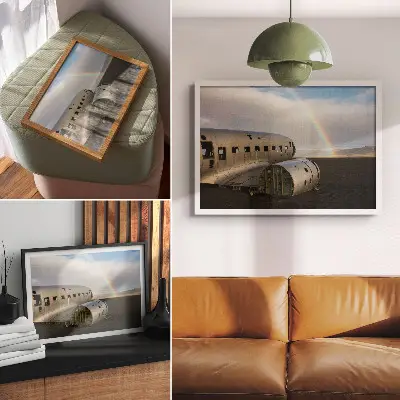 Decorative canvas print featuring a metal plane wreck with a rainbow in the background