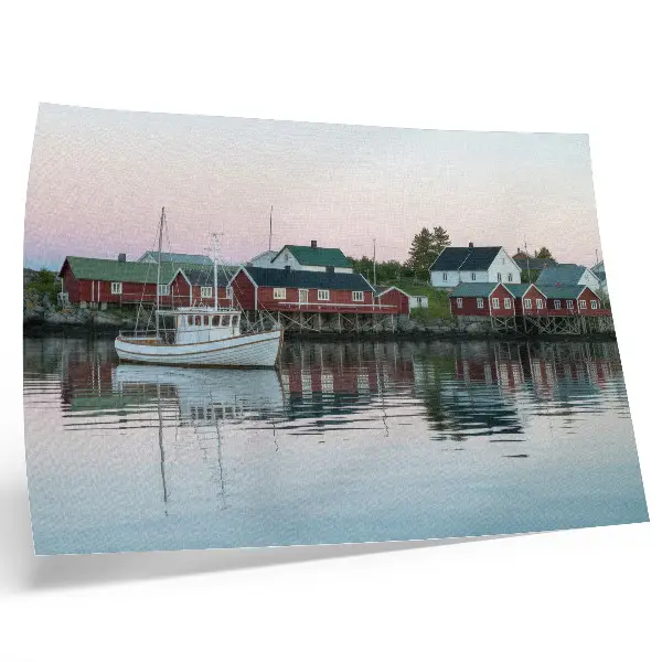 Cubist red houses by the lake poster are radiant