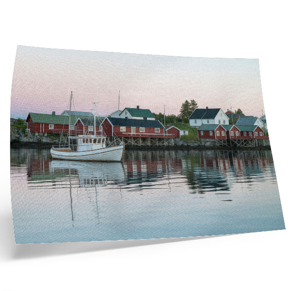 Poster Cubist red houses by the lake are radiant