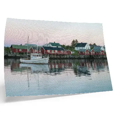 Cubist red houses by the lake poster are radiant