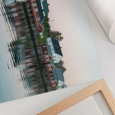 Cubist red houses by the lake poster are radiant