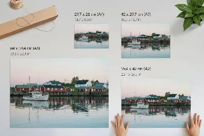 Cubist red houses by the lake poster are radiant