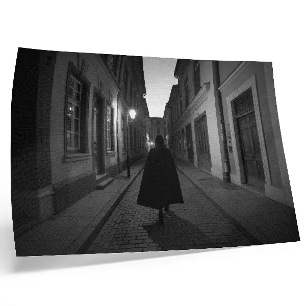 Decorative canvas print featuring a dark street scene with a mysterious figure in a nostalgic atmosphere