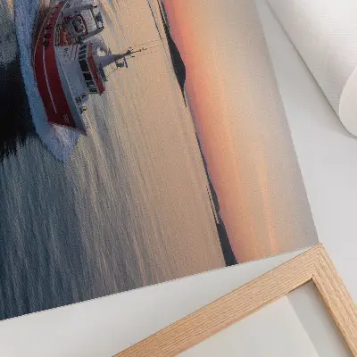 Photo canvas sunset over the calm sea with boat movement