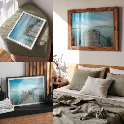 Photo canvas bridge over a lake with blue hues reflecting peace and simplicity