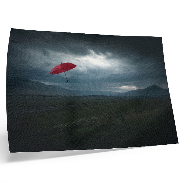Photo canvas Red umbrella dark clouds mountains landscape