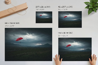 Photo canvas Red umbrella dark clouds mountains landscape