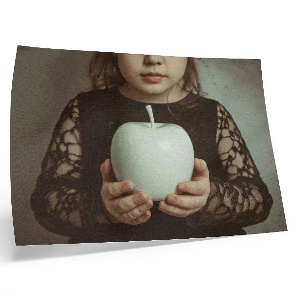 Decorative canvas print featuring a girl with white fruit in a mysterious atmosphere