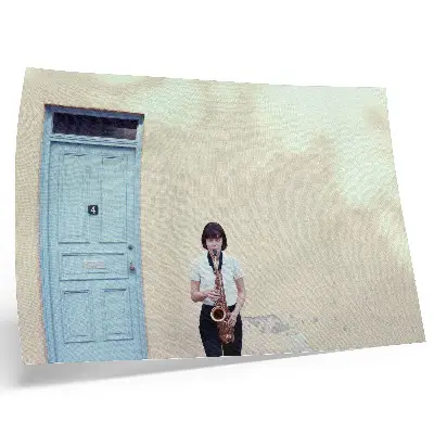 Poster minimalist design with bright colors featuring music at the door theme