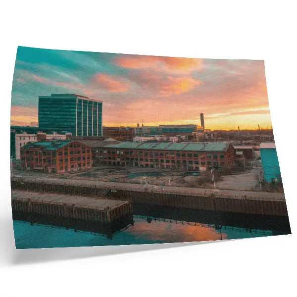 Decorative canvas print industrial buildings at sunset in a peaceful atmosphere