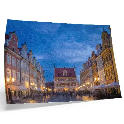 Poster historic tenement houses with colorful evening lights
