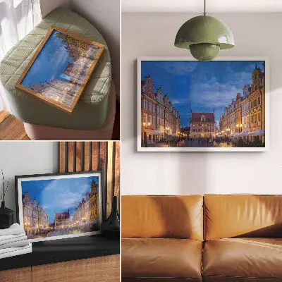 Poster historic tenement houses with colorful evening lights