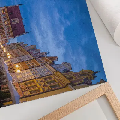 Poster historic tenement houses with colorful evening lights