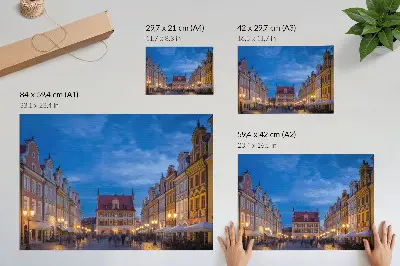 Poster historic tenement houses with colorful evening lights