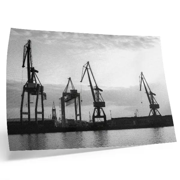 Decorative canvas print minimalist black and white harbor cranes design