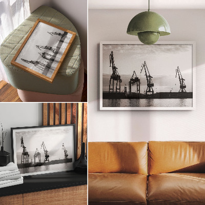 Decorative canvas print Harbor cranes minimalist design black and white