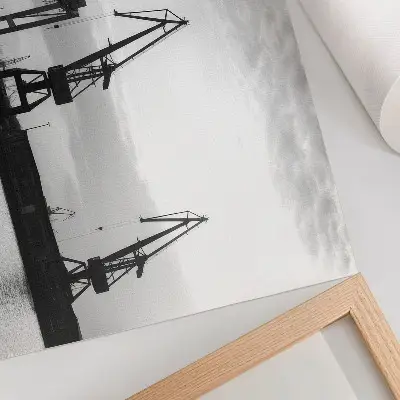 Decorative canvas print minimalist black and white harbor cranes design