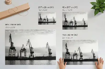 Decorative canvas print minimalist black and white harbor cranes design