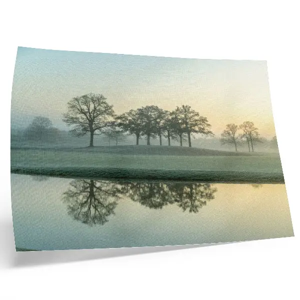 Photo canvas calm water surface with reflection of trees and soft fog