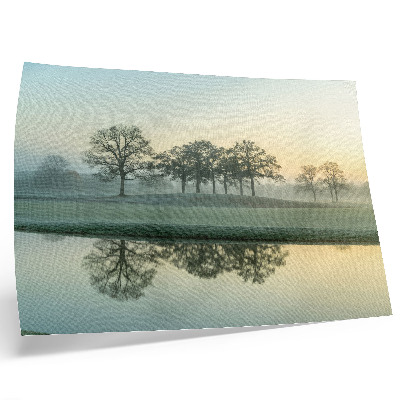 Photo canvas Calm water surface, reflection of trees, soft fog
