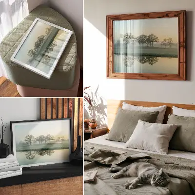 Photo canvas calm water surface with reflection of trees and soft fog