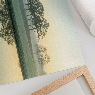 Photo canvas Calm water surface, reflection of trees, soft fog