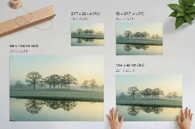 Photo canvas calm water surface with reflection of trees and soft fog