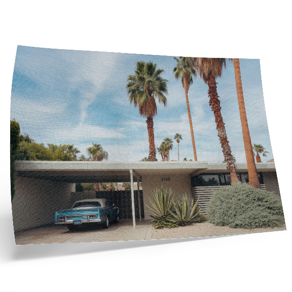 Poster Exotic palm trees modernist house classic car