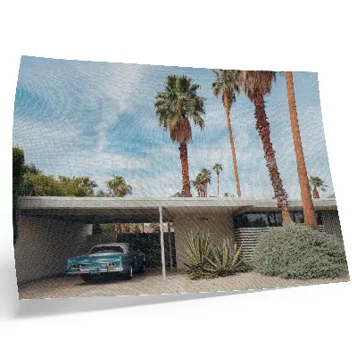 Exotic palm trees modernist house classic car poster exotic palm trees, modernist house, and classic car print