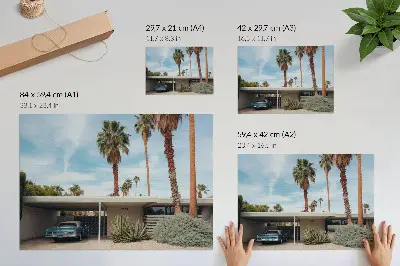 Exotic palm trees modernist house classic car poster exotic palm trees, modernist house, and classic car print